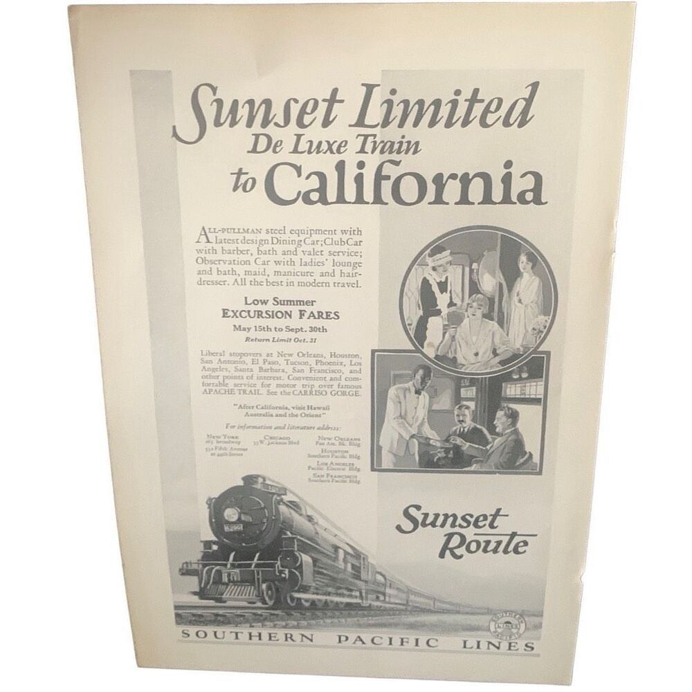 Vintage 1927 Southern Pacific Line Sunset Limited Ad Advertisement